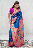 Blue Contrast Zari Woven Chandrakor Swan Yeola Paithani Silk Saree