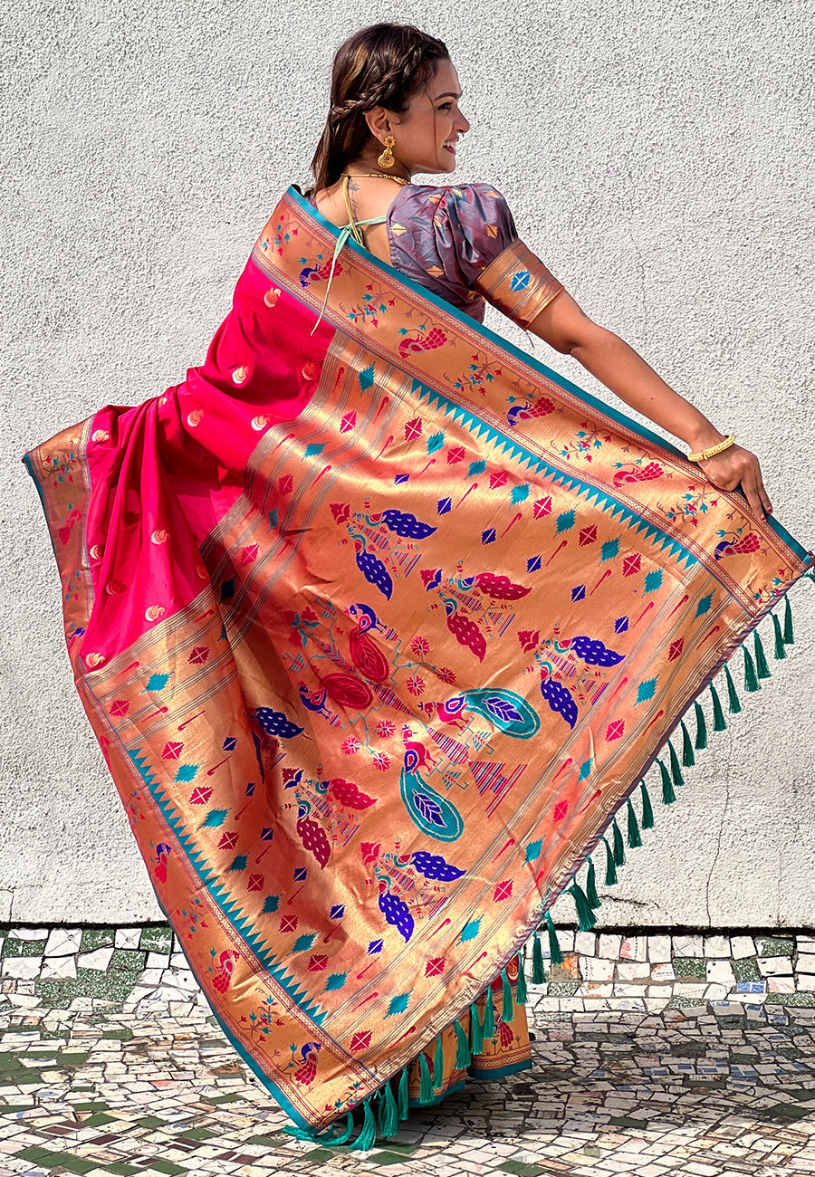 Pink Contrast Zari Woven Chandrakor Swan Yeola Paithani Silk Saree