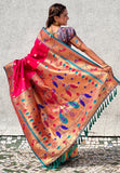 Pink Contrast Zari Woven Chandrakor Swan Yeola Paithani Silk Saree