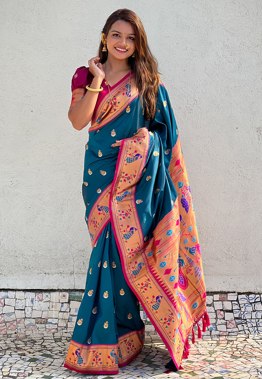 Denim Blue Contrast Zari Woven Chandrakor Swan Yeola Paithani Silk Saree