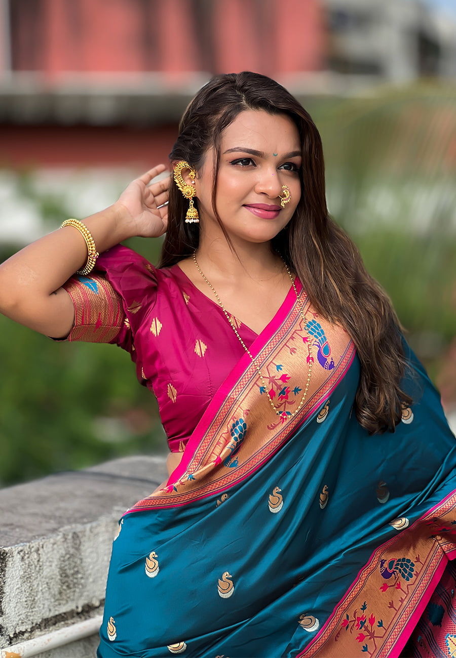 Denim Blue Contrast Zari Woven Chandrakor Swan Yeola Paithani Silk Saree
