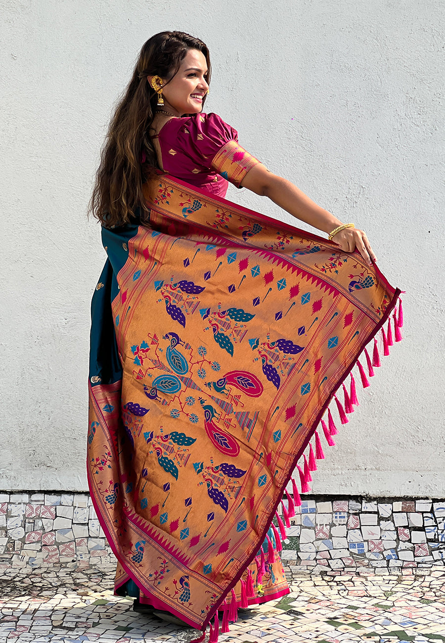 Denim Blue Contrast Zari Woven Chandrakor Swan Yeola Paithani Silk Saree