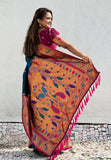 Denim Blue Contrast Zari Woven Chandrakor Swan Yeola Paithani Silk Saree