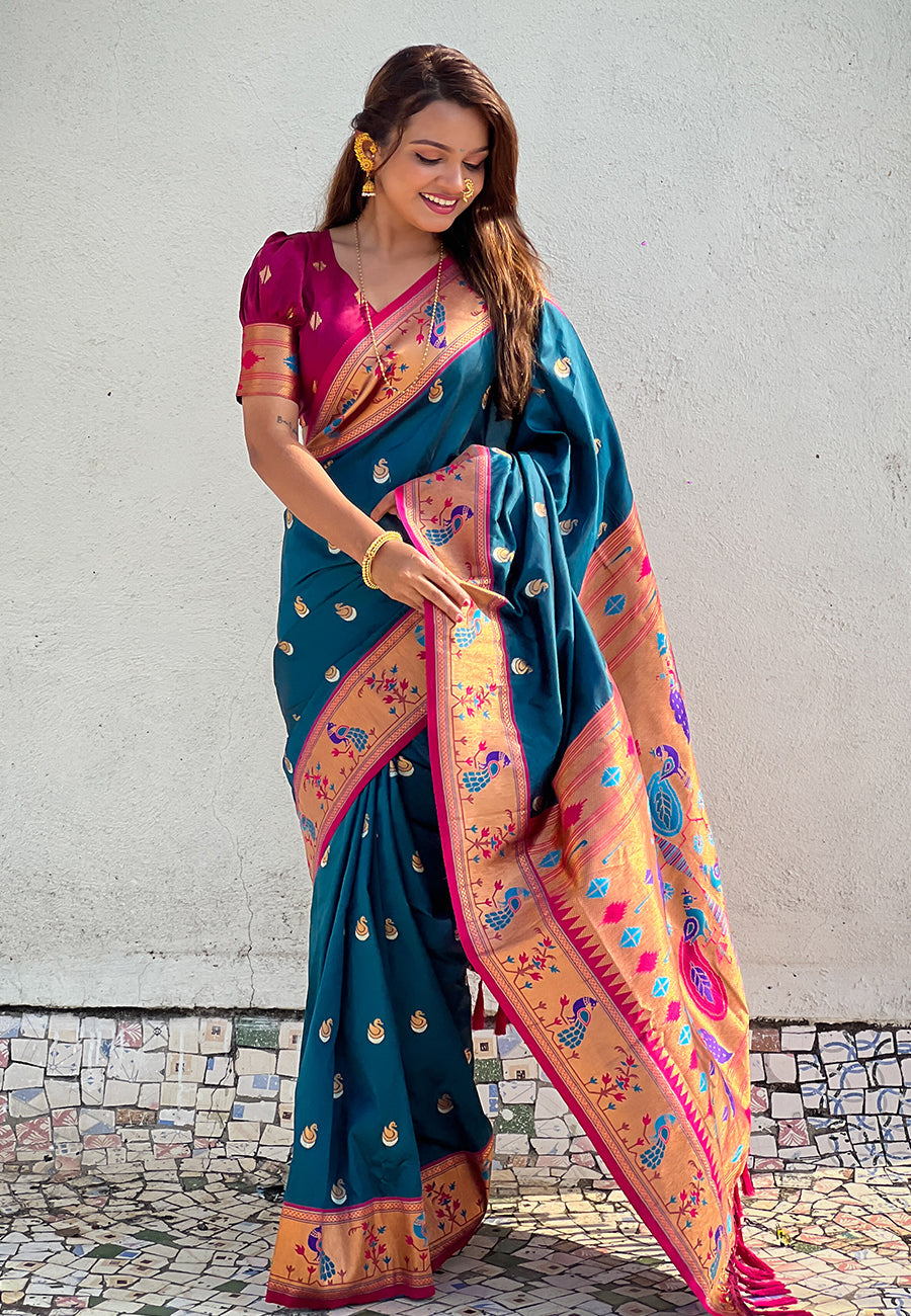 Denim Blue Contrast Zari Woven Chandrakor Swan Yeola Paithani Silk Saree