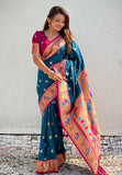Denim Blue Contrast Zari Woven Chandrakor Swan Yeola Paithani Silk Saree