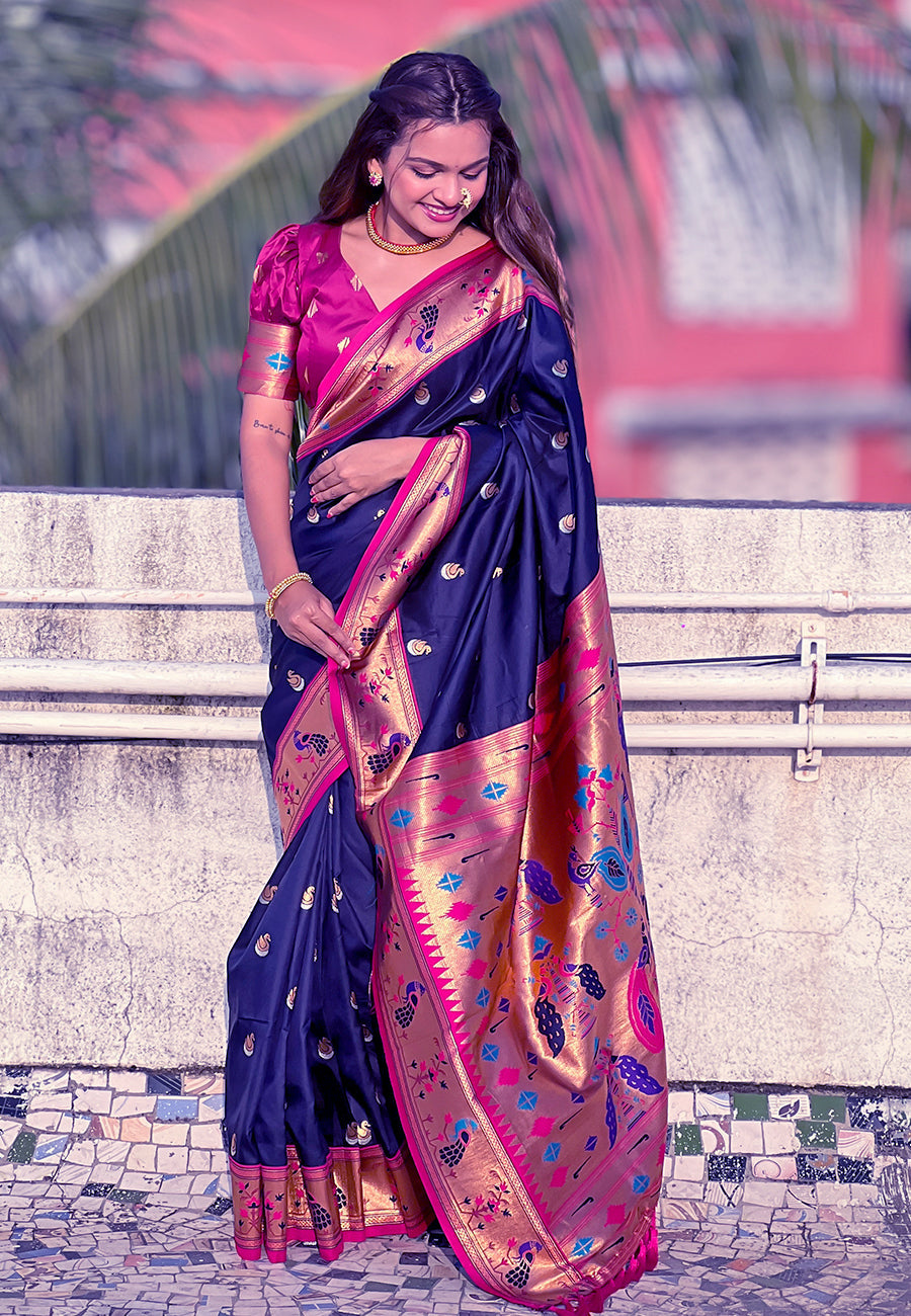 Navy Blue Contrast Zari Woven Chandrakor Swan Yeola Paithani Silk Saree