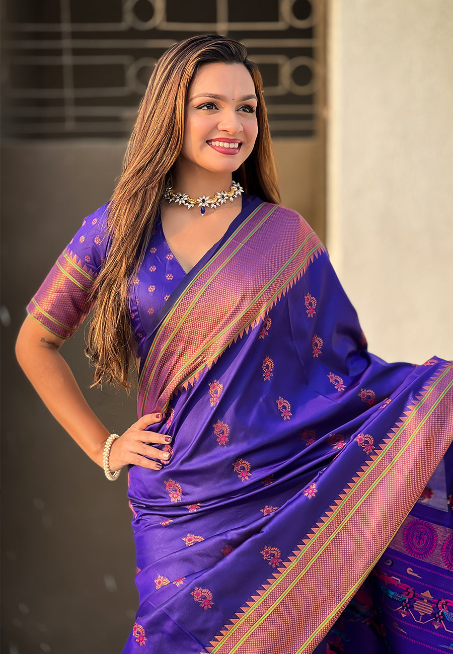 Violet Zari Woven Nath Yeola Paithani Silk Saree
