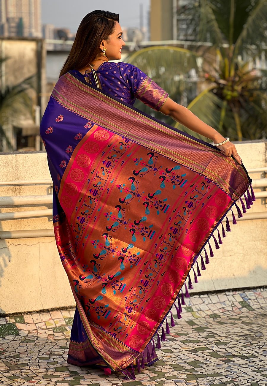 Violet Zari Woven Nath Yeola Paithani Silk Saree