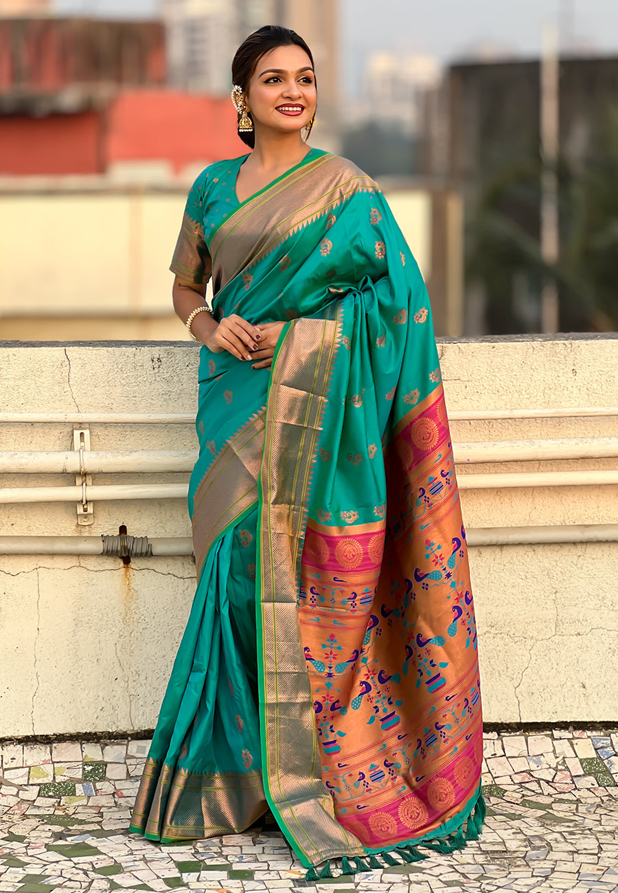 Sky Blue Zari Woven Nath Yeola Paithani Silk Saree