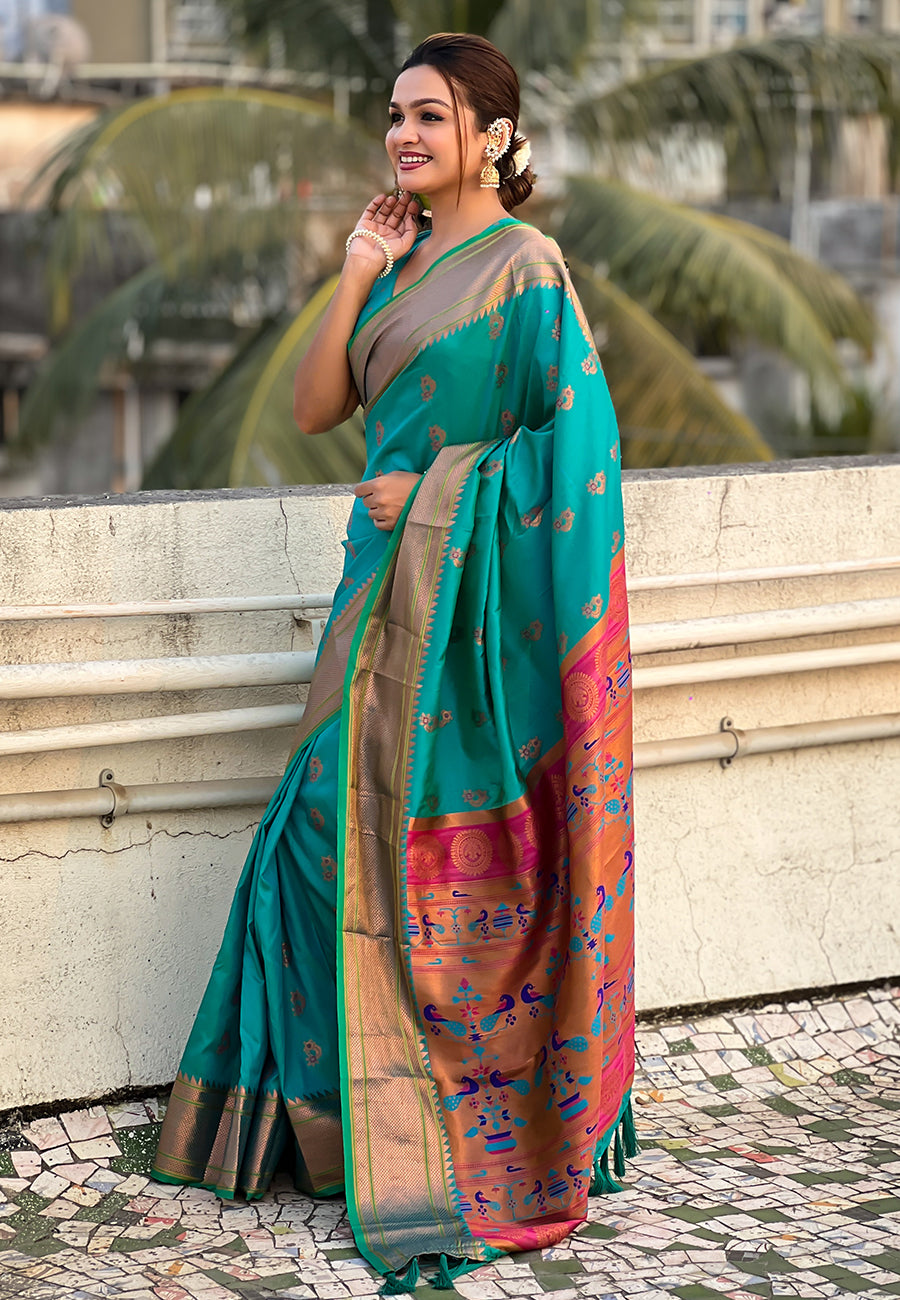 Sky Blue Zari Woven Nath Yeola Paithani Silk Saree