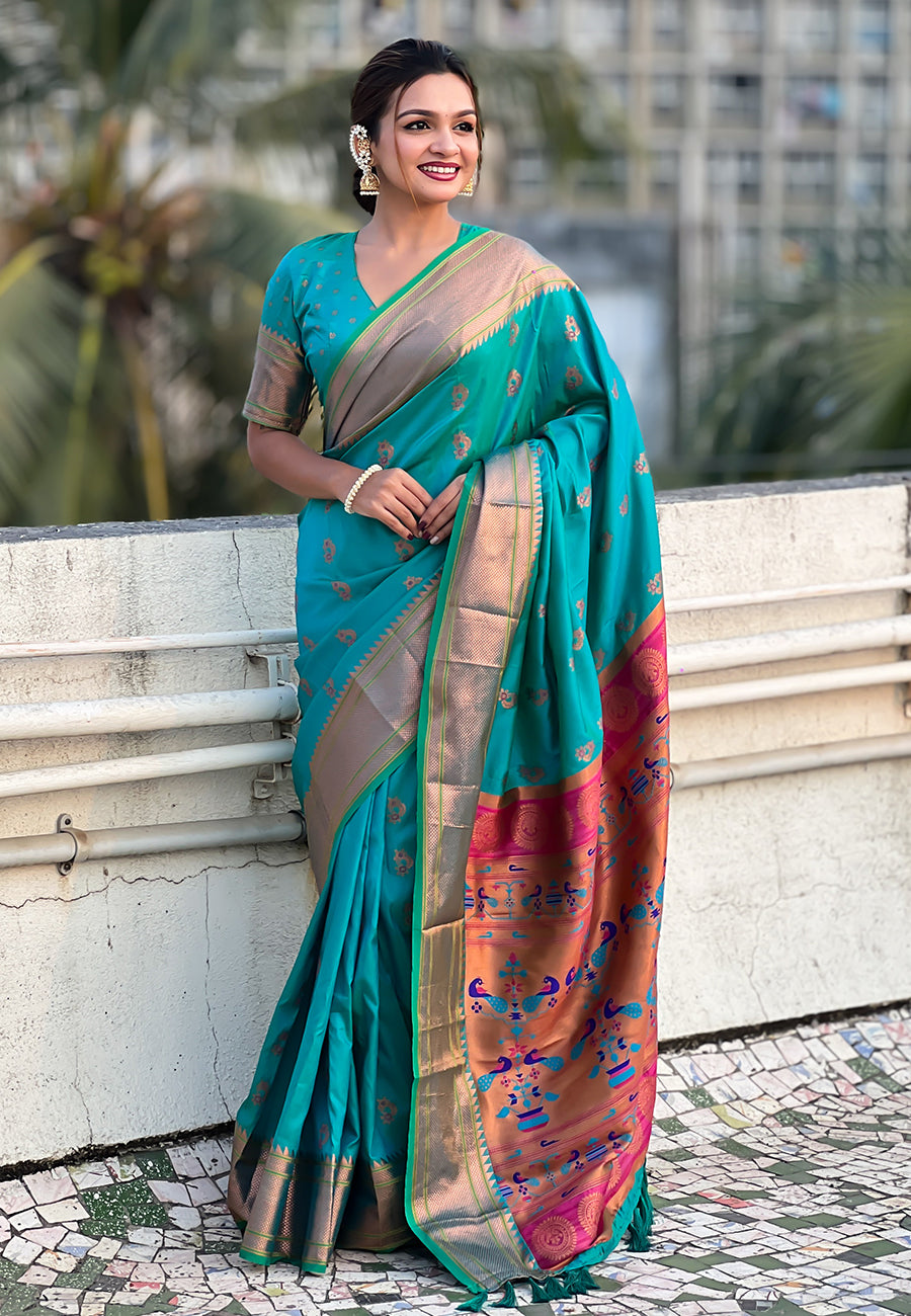 Sky Blue Zari Woven Nath Yeola Paithani Silk Saree