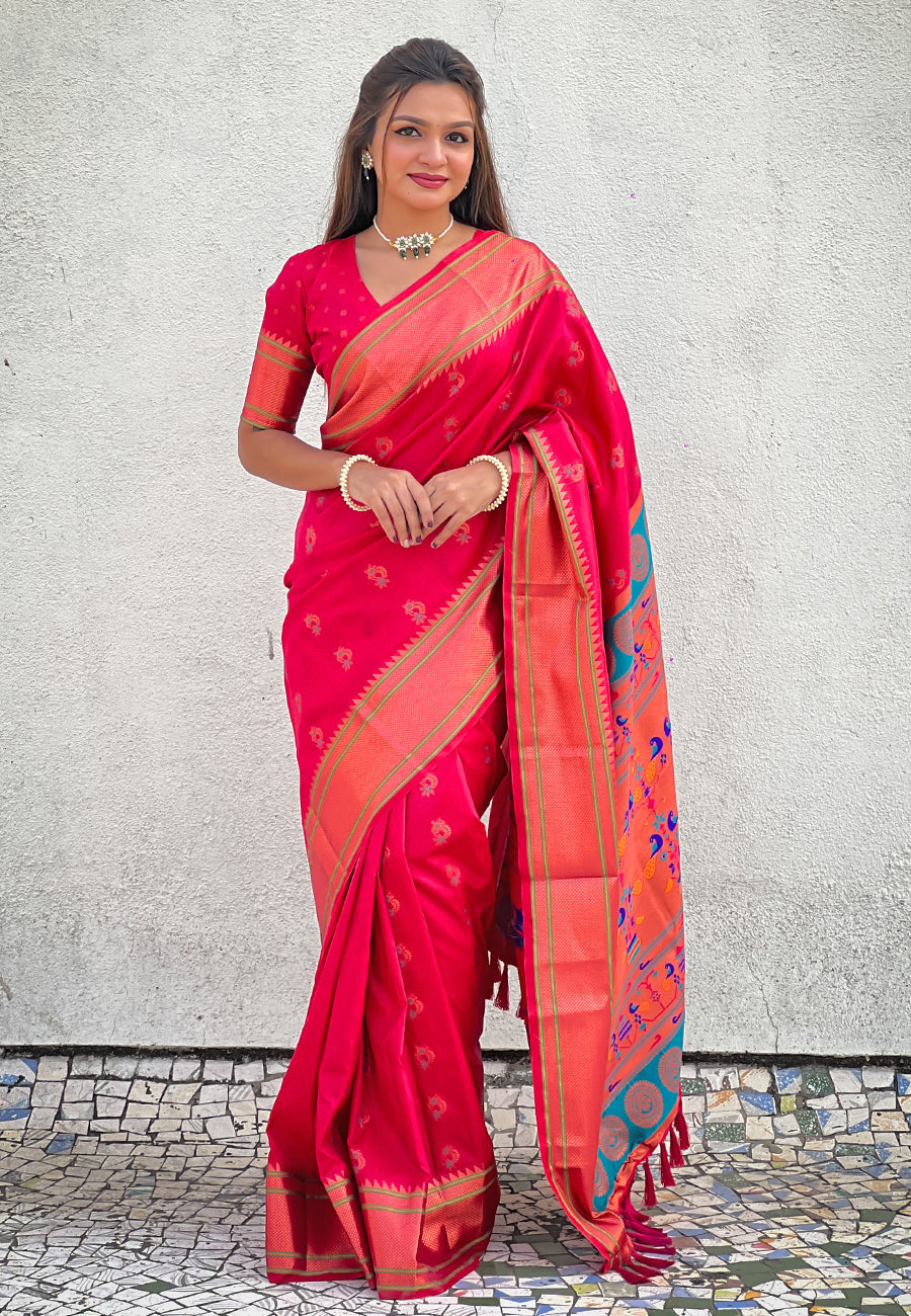 Pink Zari Woven Nath Yeola Paithani Silk Saree