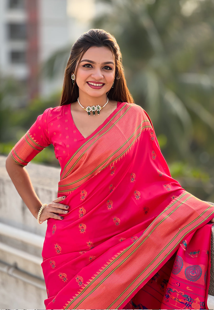 Pink Zari Woven Nath Yeola Paithani Silk Saree