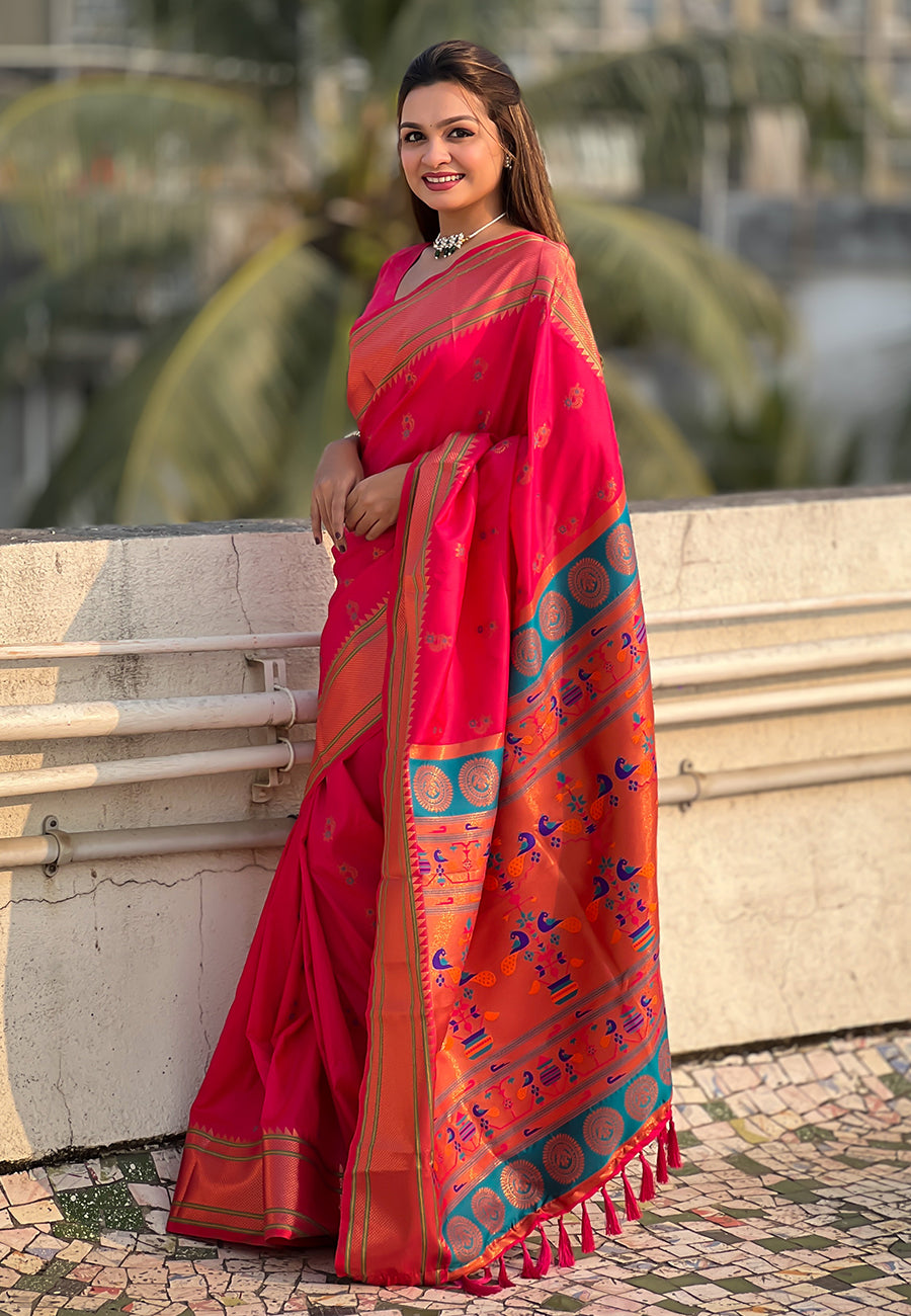 Pink Zari Woven Nath Yeola Paithani Silk Saree