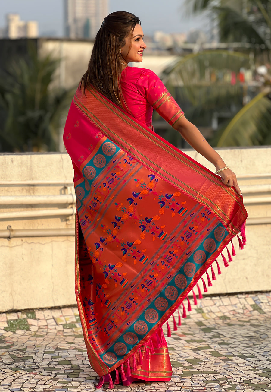Pink Zari Woven Nath Yeola Paithani Silk Saree