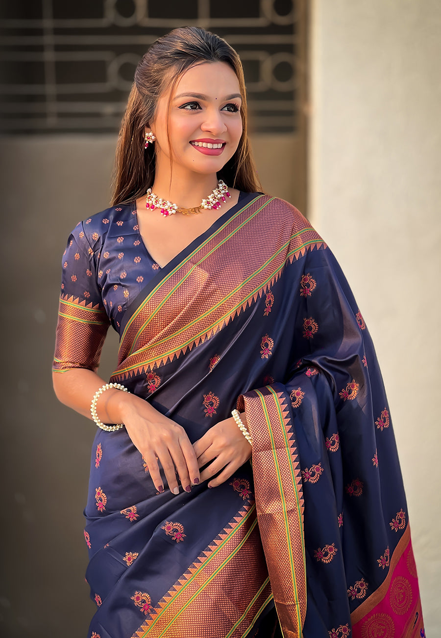 Navy Blue Zari Woven Nath Yeola Paithani Silk Saree