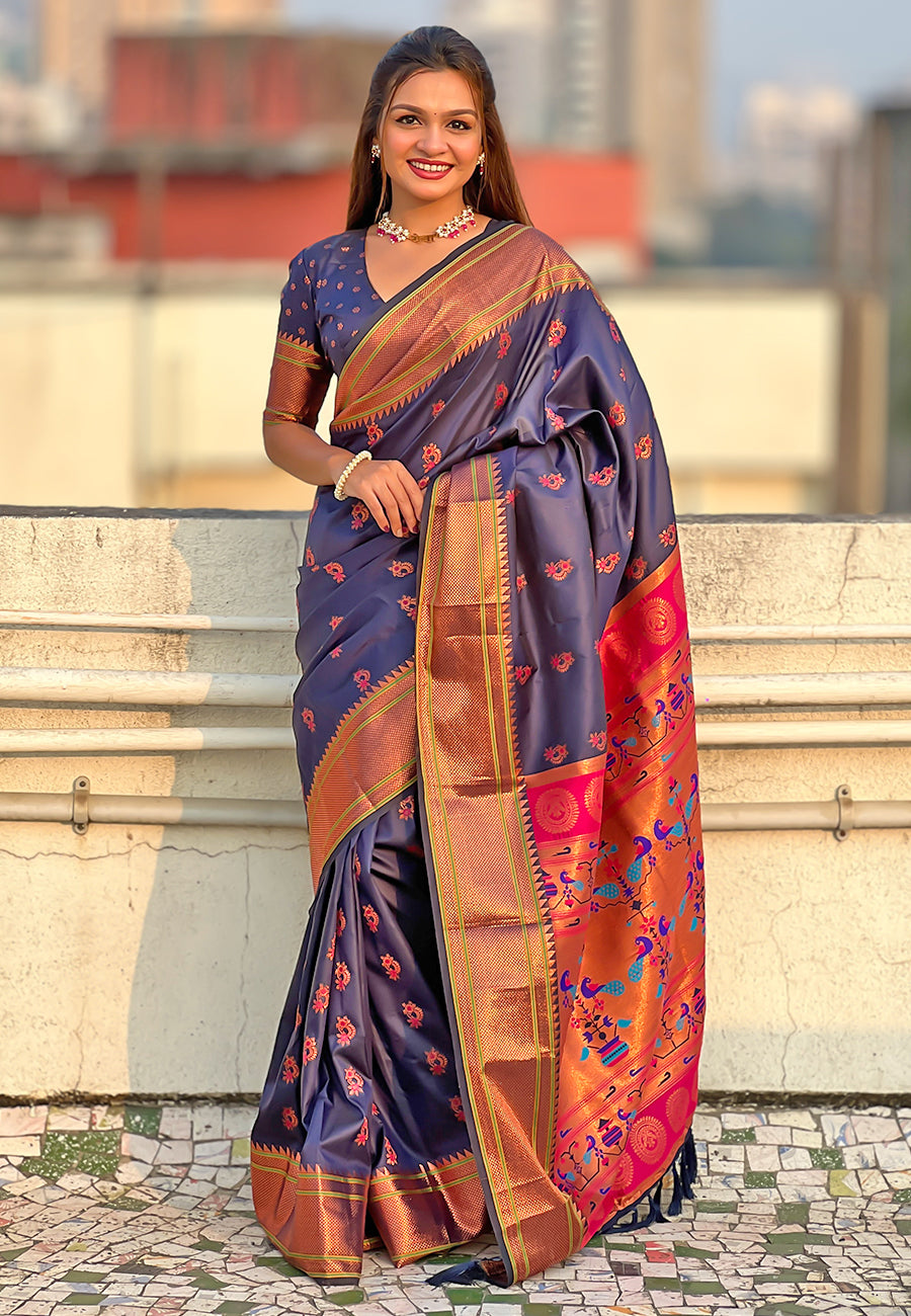 Navy Blue Zari Woven Nath Yeola Paithani Silk Saree