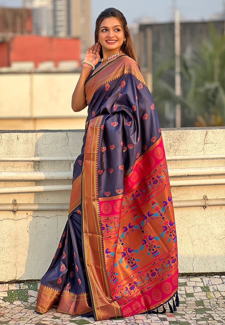 Navy Blue Zari Woven Nath Yeola Paithani Silk Saree