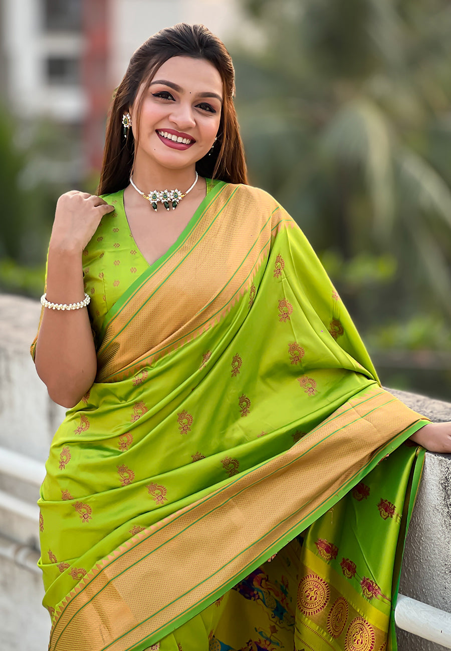 Parrot Green Zari Woven Nath Yeola Paithani Silk Saree