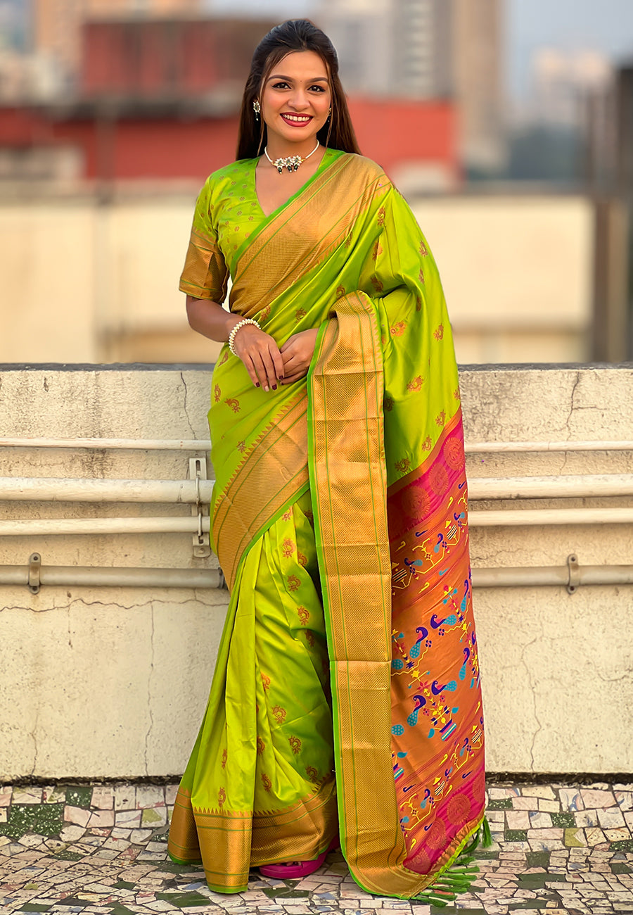 Parrot Green Zari Woven Nath Yeola Paithani Silk Saree