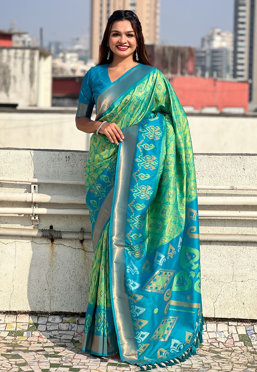 Pista Green Soft Silk Zari Woven Patola Saree with Contrast Weaves