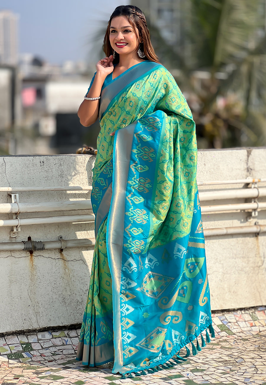 Pista Green Soft Silk Zari Woven Patola Saree with Contrast Weaves