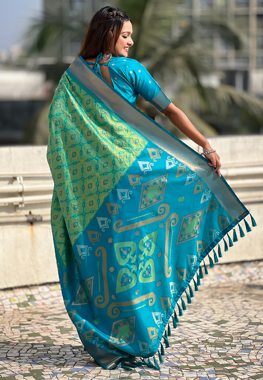 Pista Green Soft Silk Zari Woven Patola Saree with Contrast Weaves