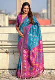 Sky Blue Soft Silk Zari Woven Patola Saree with Contrast Weaves