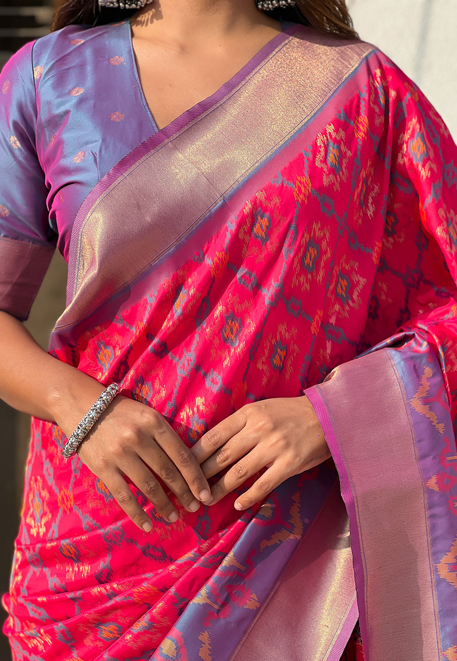 Pink Soft Silk Zari Woven Patola Saree with Contrast Weaves