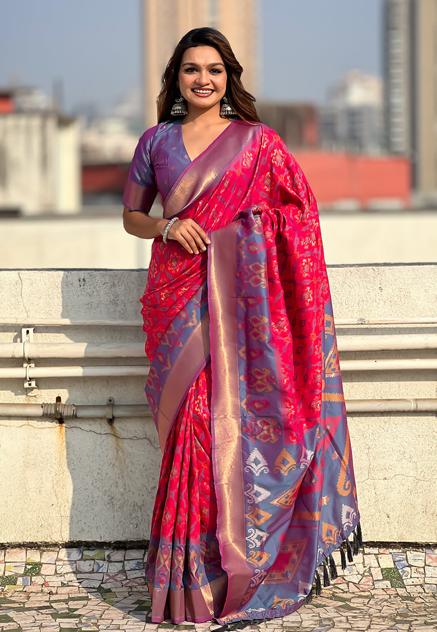 Pink Soft Silk Zari Woven Patola Saree with Contrast Weaves