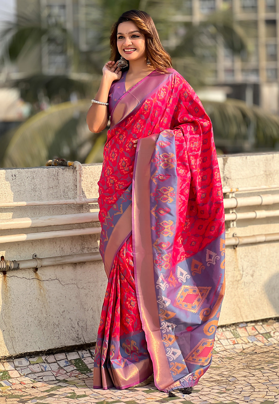 Pink Soft Silk Zari Woven Patola Saree with Contrast Weaves