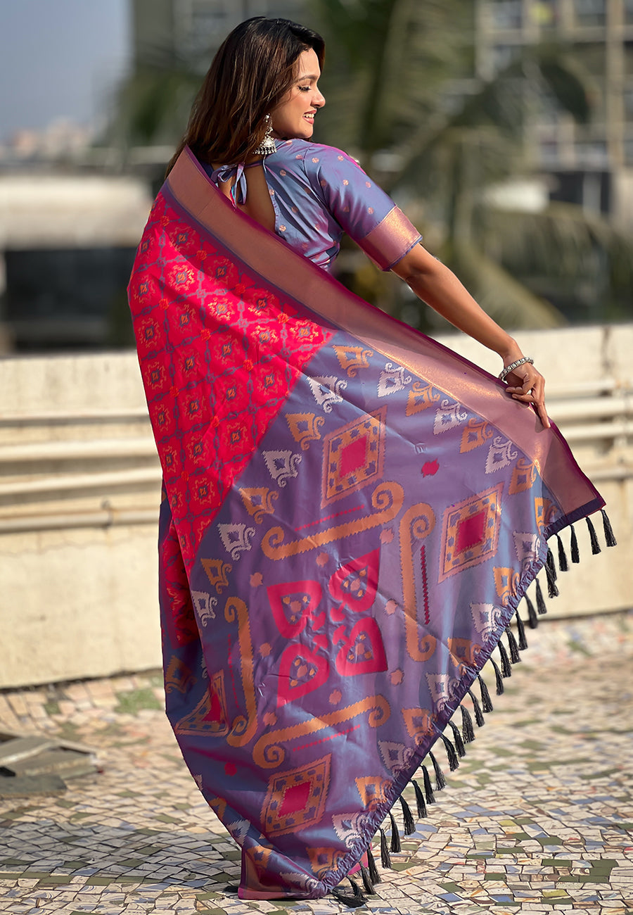 Pink Soft Silk Zari Woven Patola Saree with Contrast Weaves