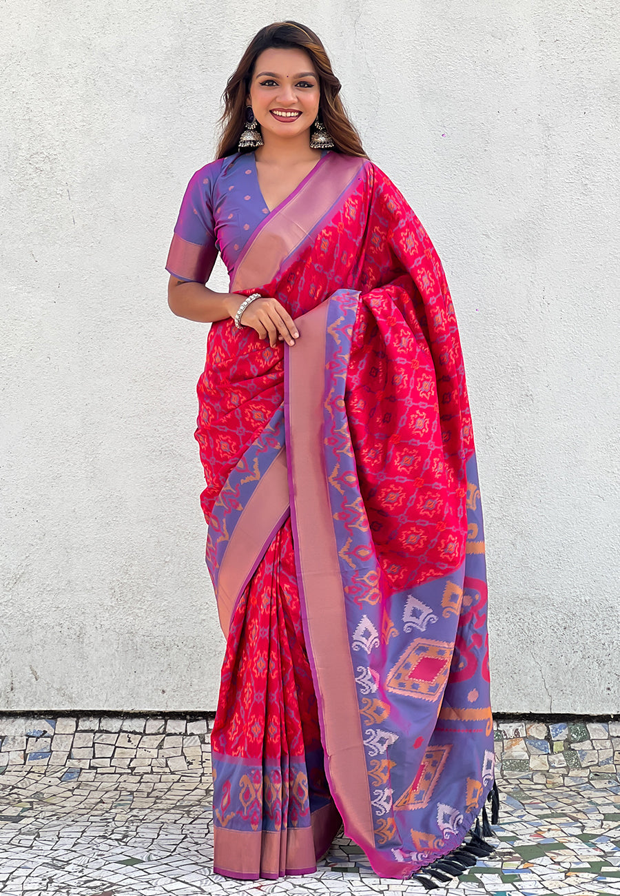 Pink Soft Silk Zari Woven Patola Saree with Contrast Weaves