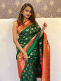 Green Soft Silk Contrast Zari Woven Saree