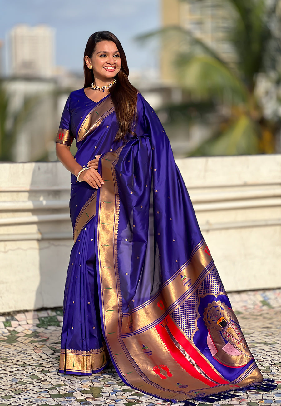 Violet Zari Woven Mahalaxmi God Paithani Silk Saree