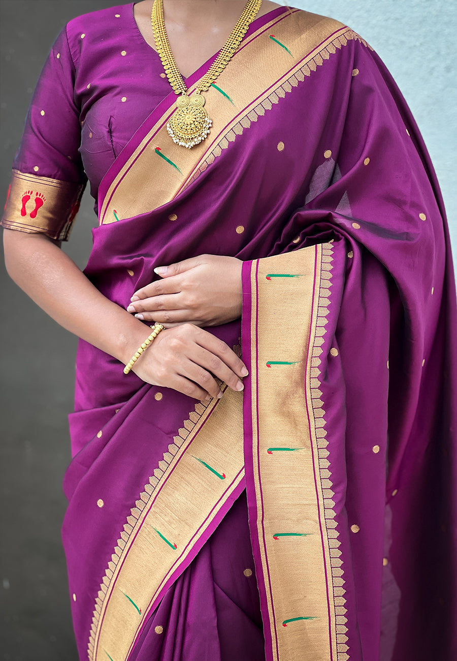 Wine Zari Woven Mahalaxmi God Paithani Silk Saree