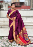 Wine Zari Woven Mahalaxmi God Paithani Silk Saree