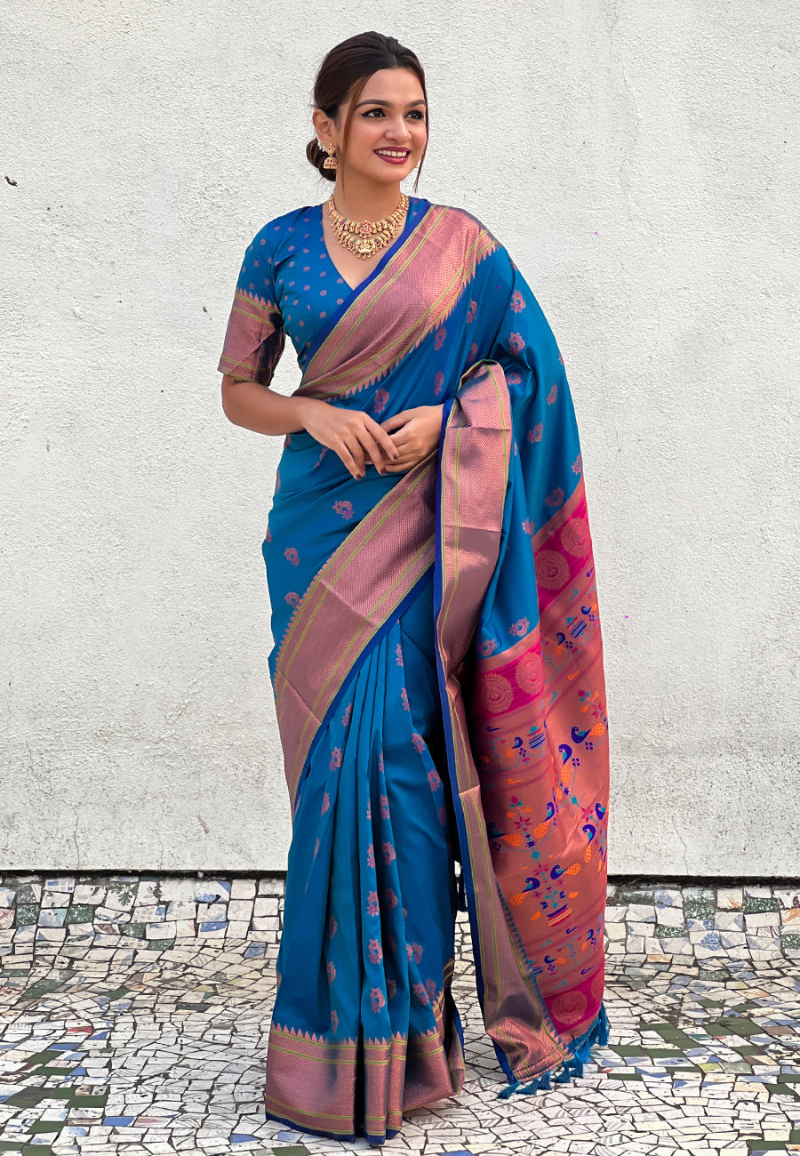 Blue Zari Woven Nath Yeola Paithani Silk Saree