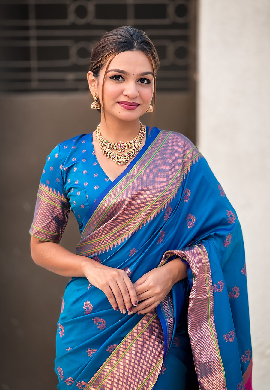 Blue Zari Woven Nath Yeola Paithani Silk Saree