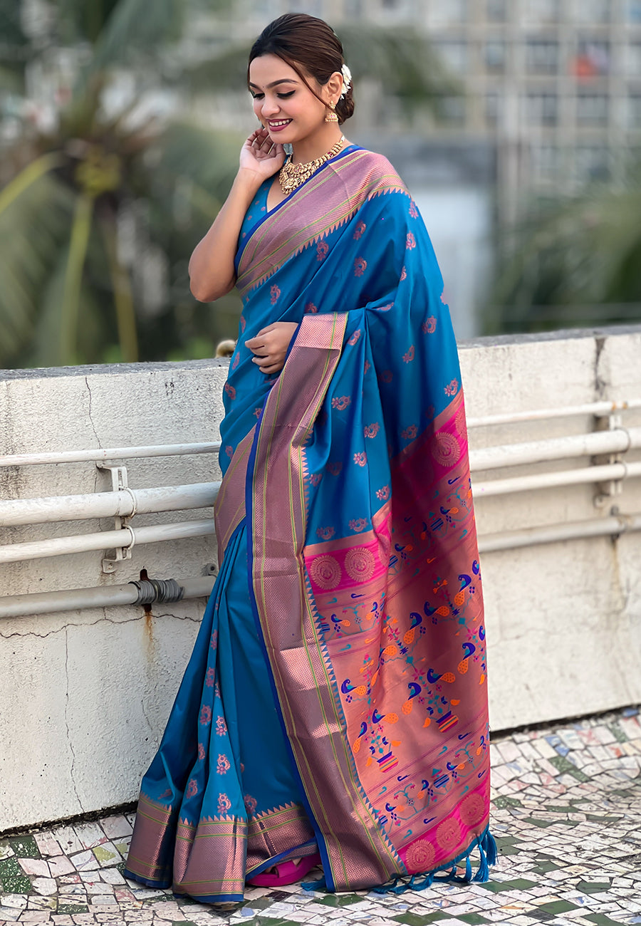 Blue Zari Woven Nath Yeola Paithani Silk Saree