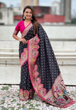 Jade Black Pashmina Darbari Silk Zari Woven Saree with Meenakari Border