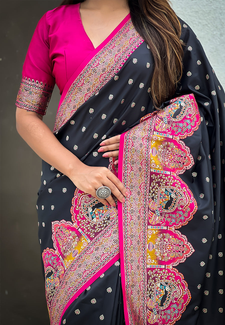 Jade Black Pashmina Darbari Silk Zari Woven Saree with Meenakari Border