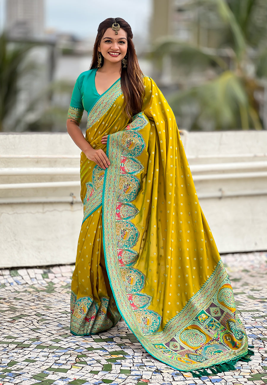 Mehendi Green Pashmina Darbari Silk Zari Woven Saree