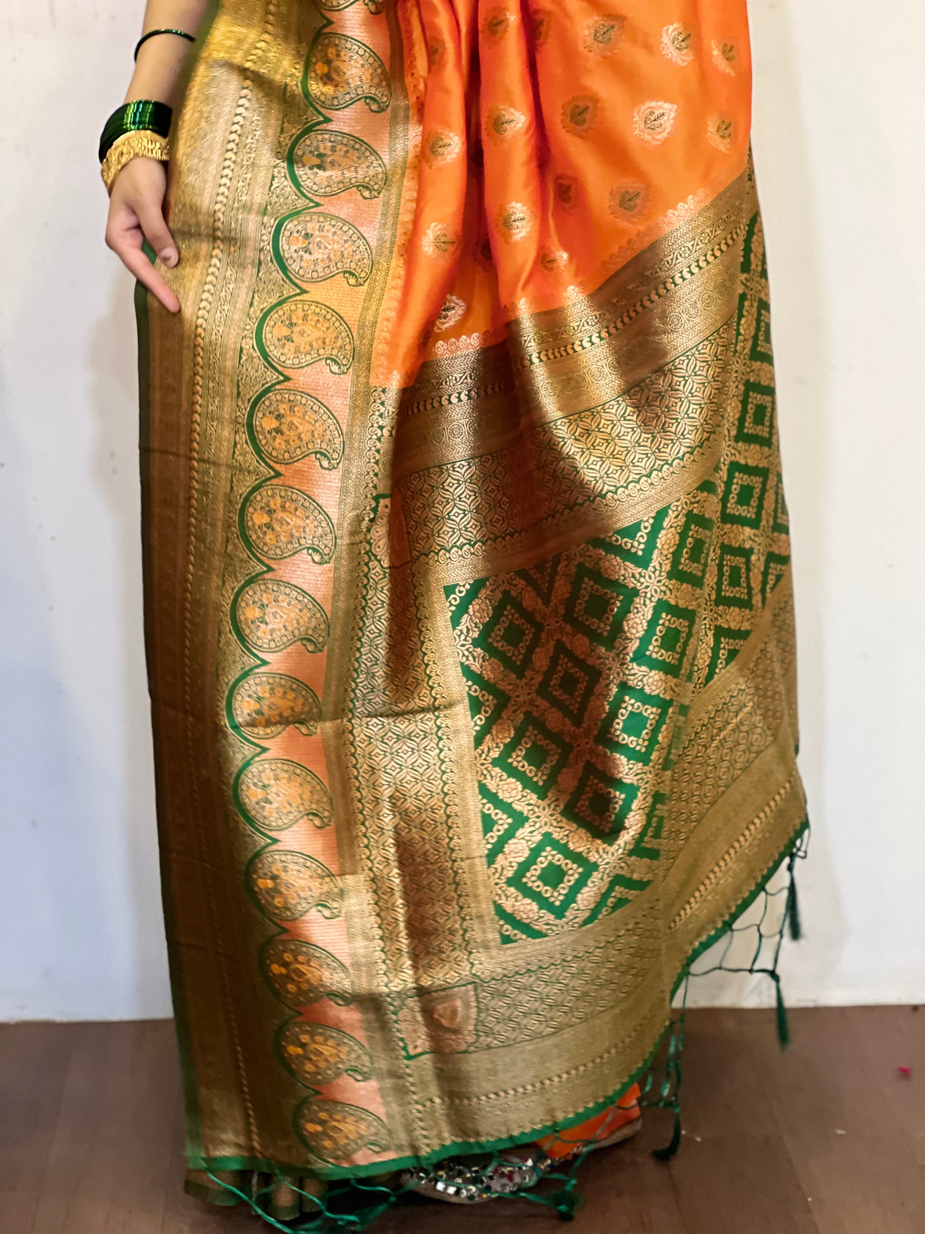 Orange Soft Silk Contrast Zari Woven Saree