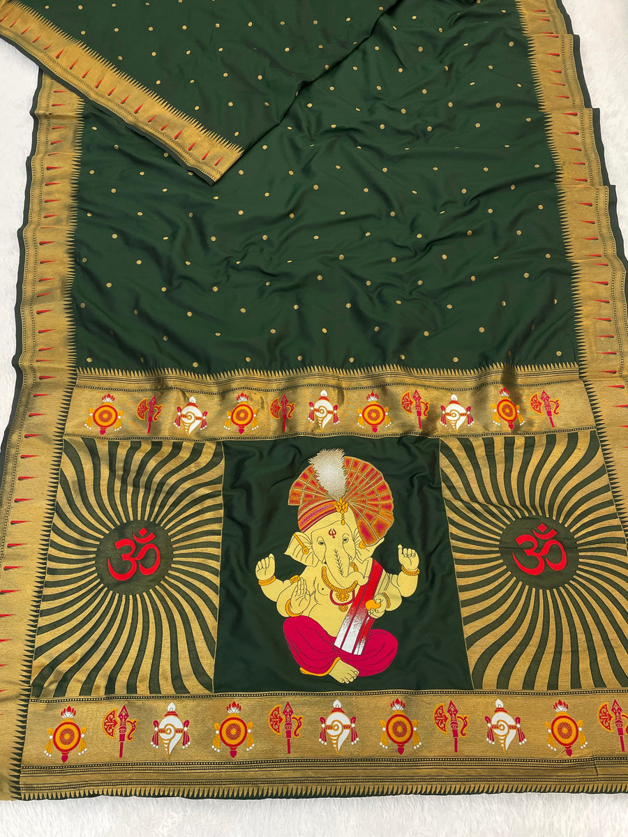Bottle Green Zari Woven Ganpati God Paithani Silk Saree