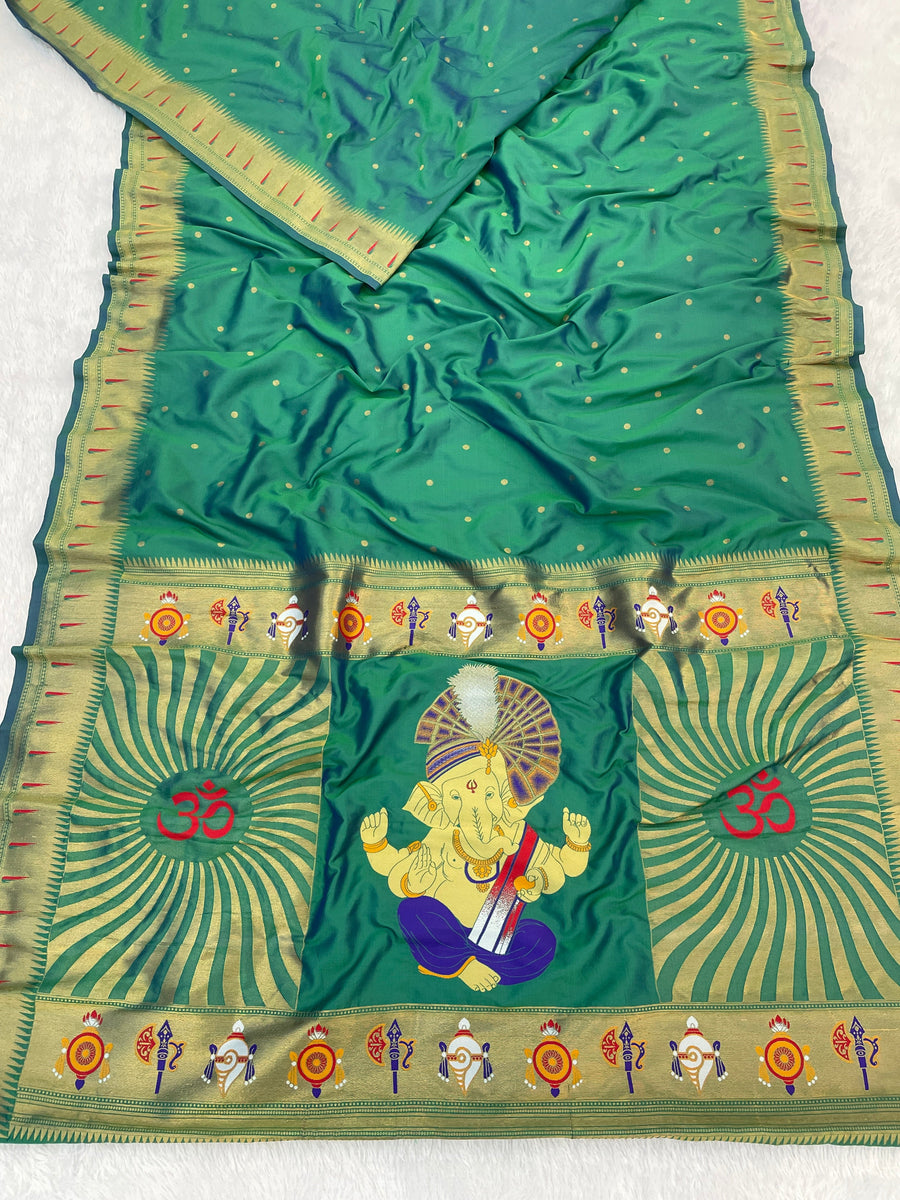 Green Zari Woven Ganpati God Paithani Silk Saree