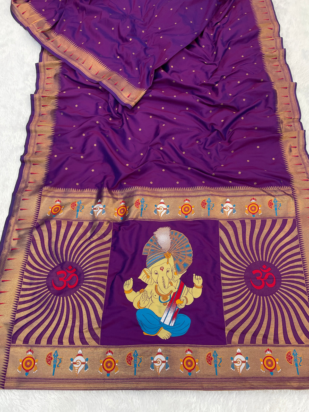 Wine Zari Woven Ganpati God Paithani Silk Saree