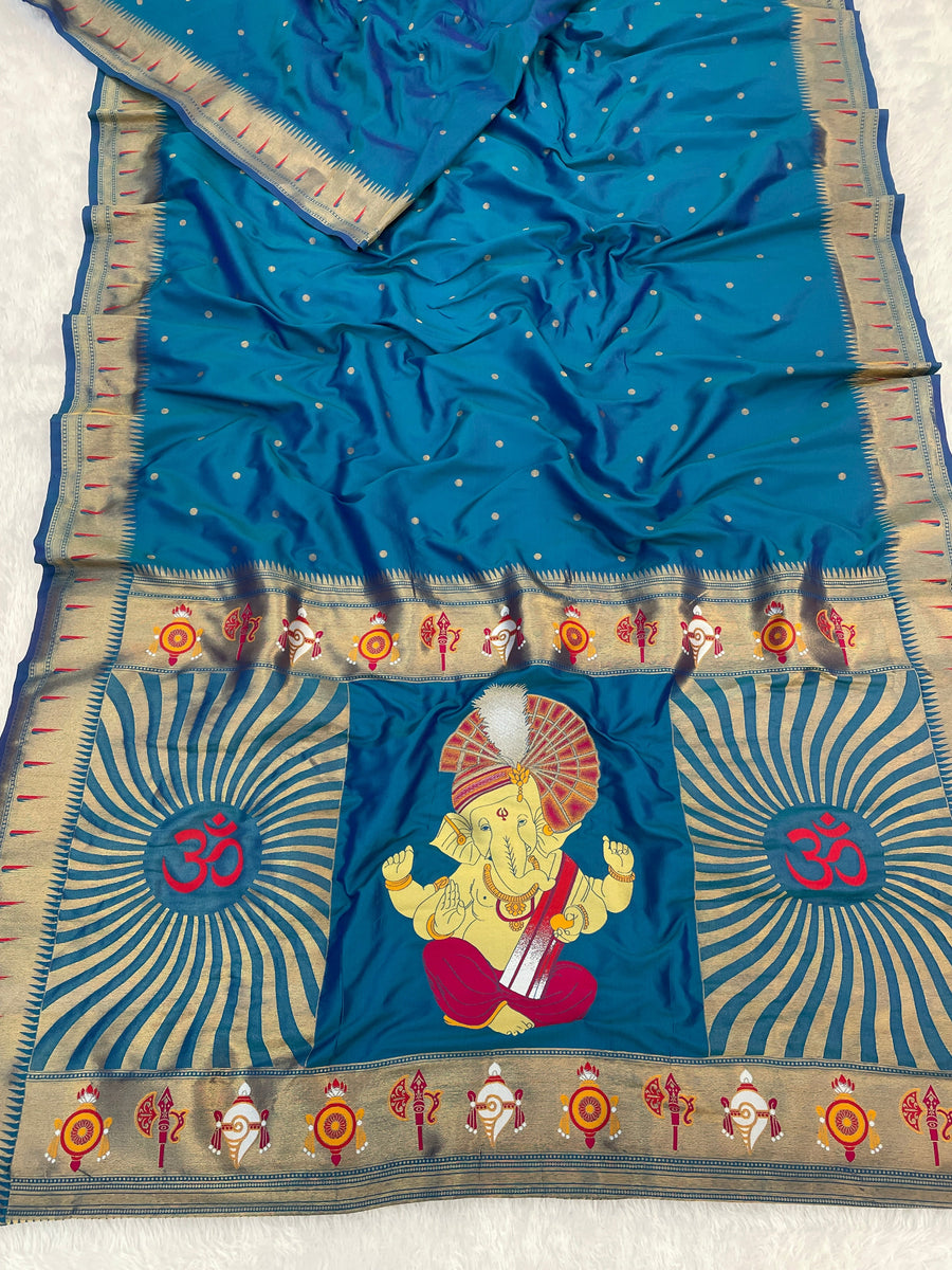 Blue Zari Woven Ganpati God Paithani Silk Saree