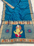Blue Zari Woven Ganpati God Paithani Silk Saree