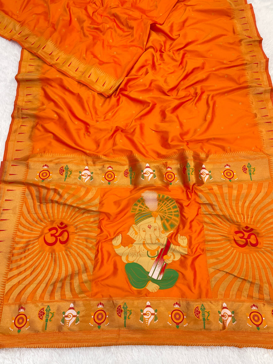 Orange Zari Woven Ganpati God Paithani Silk Saree